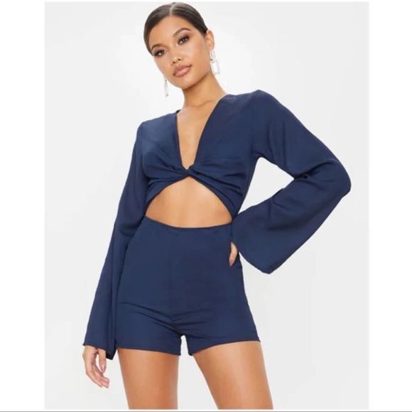 PrettyLittleThing Pants - PrettyLittleThing Navy Blue Twist Front Short Rompers Sexy Club Wear Sz 6